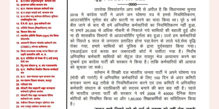 छत्तीसगढ़ संयुक्त अनियमित कर्मचारी महासंघ करेंगे भाजपा का समर्थन